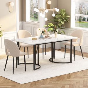 Table à manger blanc et noir, table à manger rectangulaire en motif marbre avec pieds réglables en métal, 140 x 80 cm