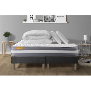 PACK matelas 180x200 + double sommiers gris 90x200 Memo Plus Mémoire de forme 3 zones + 2 oreillers + couette