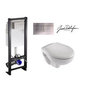 Jacob Delafon Cuvette suspendue semi carénée Brive bati support, abattant standard, plaque chromée