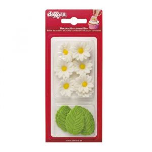 Dekora Boîte de 7 Marguerites Blanches et 5 Feuilles Vertes en Sucre - Figurines Comestibles pour Gâteaux - Décoration en Sucre pour Gâteaux d'Anniversaire