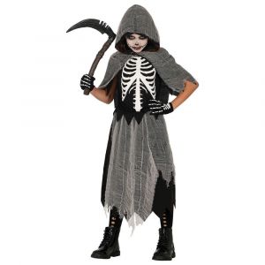 FIESTAS GUIRCA | Costume Skeleton Reaper Enfant (5-6 ans) - Cape, Cagoule et Robe - Costumes de Squelette pour Halloween, Carnaval et F&ecirc;tes Costum&eacute;es - Id&eacute;al pour Filles - Noir et Gris