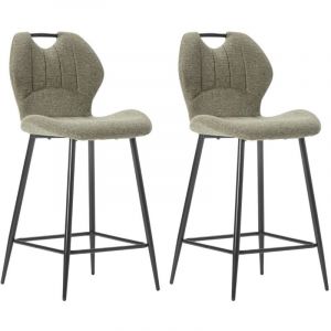 Lot de 2 tabourets de bar en tissu polyester maill&eacute; vert avec poign&eacute;e et pieds en m&eacute;tal laqu&eacute; noir - MILDA