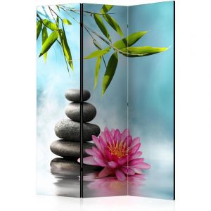 Décoshop26 Paravent 3 volets panneaux cloison séparateur de pièce pliable recto verso Water Lily and Zen Stones 135x172 cm PAR110974