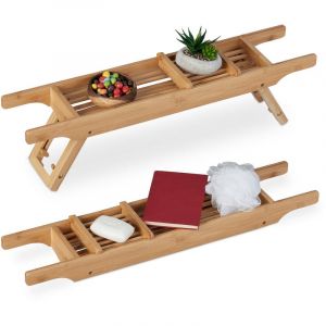 Relaxdays Pont de baignoire en bambou, 69 cm de largeur, pieds pliables, tablette avec porte-savon, support bain, nature