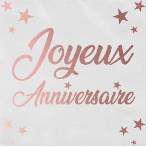 Serviette de table Joyeux Anniversaire blanc et rose gold métallisée (x24) REF/STAM00RG