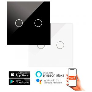 WESA Double Interrupteur Tactile WiFi en Verre Blanc Encastrable Double + Mécanisme avec App Tuya Compatible avec Alexa, Google Home et Smart Life, iOS et Android