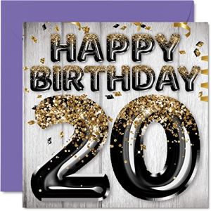 Carte de 20e anniversaire pour homme – Ballons noirs et dorés à paillettes – Cartes d'anniversaire pour homme de 20 ans, fils, frère, oncle, cousin, 145 mm x 145 mm, cartes de vœux pour vingt ans