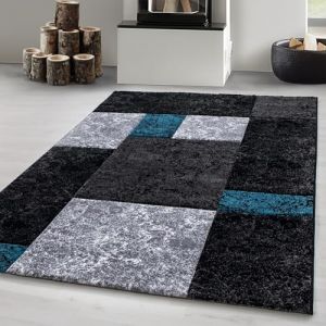 Carpetsale24 Tapis de salon Bleu - Noir 140x200 cm, motif &agrave; carreaux chin&eacute;, tapis &agrave; poils courts, tapis sculpt&eacute; &agrave; la main