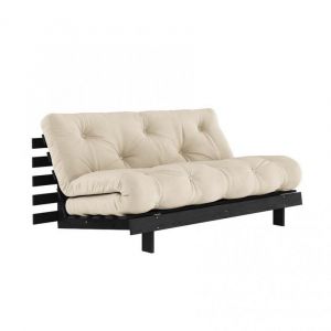 Canapé convertible futon ROOTS pin laqué noir matelas 160 x 200 cm coloris beige