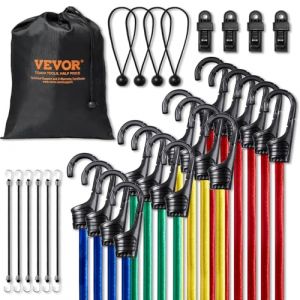 VEVOR Tendeur Élastique, Lot de 32, Cordes Élastiques Robustes, 0,25 m, 0,6 m, 0,8 m, 1 m, 1,2 m, avec Crochets en Acier, Sac de Rangement Portable, Clips, Attaches, pour Auvent, Cargaison, Camping
