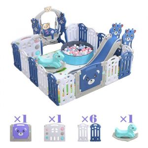 Parc B&eacute;b&eacute; 12+2 panneaux - Magic ZC Cl&ocirc;ture Pliant de multifonction avec balan&ccedil;oire toboggan et Cheval &agrave; bascule - WLB Bleu gris