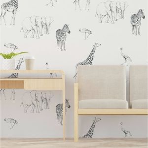 Papier peint enfant motif tanzanie noir et blanc 375x250cm