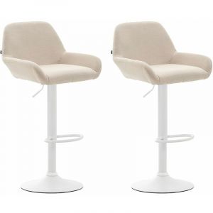 CLP Lot De 2 Tabourets De Bar Braga Tissu I Réglable En Hauteur Et Pivotant I Pied Et Repose-pieds En Métal, Couleur:crème, Couleur du cadre:blanc