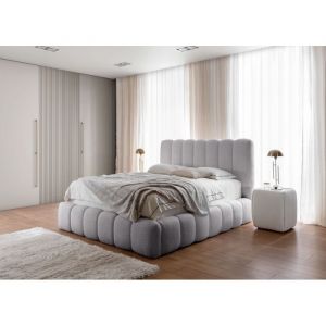 Lit capitonné double 160x200 en bouclette gris clair