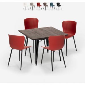 Ensemble Table Carr&eacute;e 80x80cm et 4 Chaises Style Industriel Cuisine Restaurant Anvil Dark
