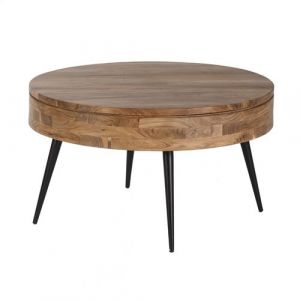 Table Basse Ronde &Oslash;90cm Bois d'Acacia Pieds M&eacute;tal Noir - BONAA - ALTOBUY