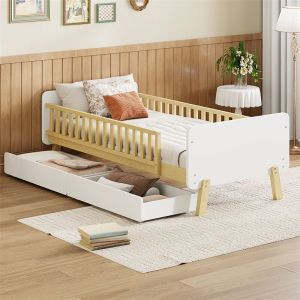 Lit simple 90x190cm avec 2 tiroirs, en bois massif avec sommier à lattes, blanc