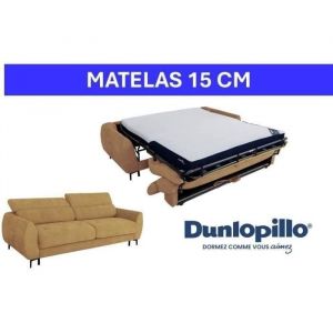 Dunlopillo Canap&eacute; convertible SAFIA 3 places tissu gaufr&eacute; ocre matelas 15 cm