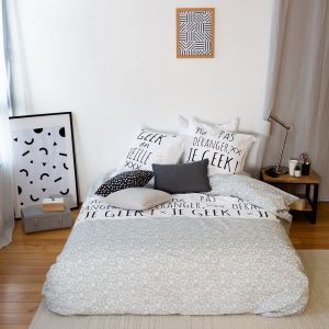 Coté Déco Parure de lit avec Housse de Couette 140x200 cm + 1 Taies d'oreiller 63x63cm pour lit pour 1 Personne Gris et Blanc 100% Coton