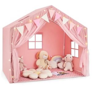Tente de Jeux Enfant avec Rideaux en Tissu & Moustiquaire, Cabane Enfant Intérieure avec Guirlandes Lumineuses Étoiles, pour 3 Ans+, Rose