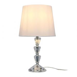 Relaxdays Lampe de table, pied en verre & abat-jour tissu, E27, H x P: 40,5 x 23 cm, design cristal, avec c&acirc;ble, blanc