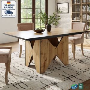 Modfu - Table à manger rectangulaire 138,5 x 80 x 75 cm, motif rayures noires, veinage bois, convient pour salle à manger/cuisine, mdf, marron clair