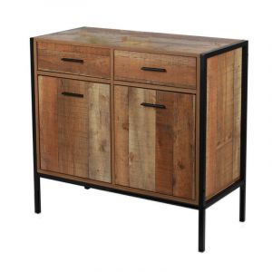 Urban living Commode en bois avec 2 tiroirs + 2 portes "Riverside" - Marron/noir - H 79 x L 84 x P 40 cm
