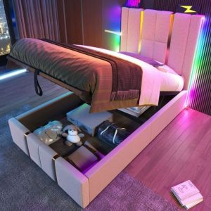 Lit coffre 90x200 - PDZZZD - Beige - Éclairage LED RGB - Charge USB et Type-C - Design élégant