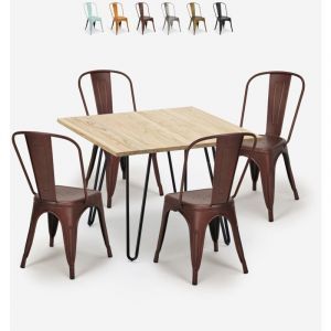 Ensemble Table 80x80cm M&eacute;tal Bois 4 Chaises Vintage de style Tolix Bar Cuisine Hedges Light