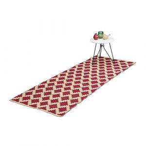 Relaxdays Tapis de Couloir, Coton, 80 x 200 cm, antidérapant, tissé Main, Motif Losanges, carpette Cuisine, Beige-Rouge