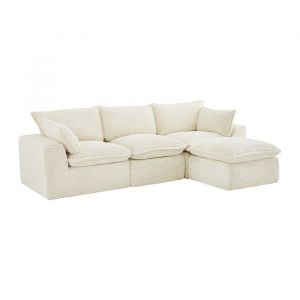 Canap&eacute; d'angle modulable avec pouf en velours c&ocirc;tel&eacute; grosses c&ocirc;tes beige CYROMA