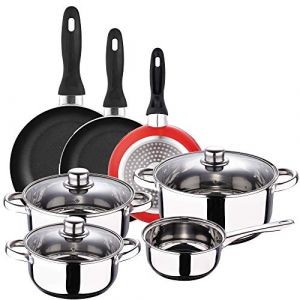 San Ignacio Cassel Batterie 7 pièces + 3 poêles Ø16-Ø20-Ø24 cms rouge antiadhésif, induction