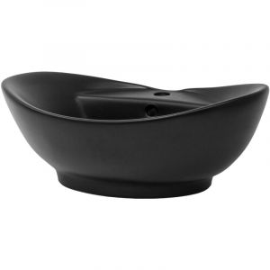 Lavabo en C&eacute;ramique Noir 59x39,5x20,5 mm avec Garniture de Vidage 1 1/4 Universelle et Trop-Plein, Design Ovale, Vasque &aacute; Poser Moderne, &Eacute;vier