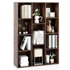 Costway Biblioth&egrave;que Avec 11 Compartiments Ouvertes,, Kits Anti-Basculement, Pour Salon, Chambre, Bureau, 74 X 24 X 106 Cm, Marron