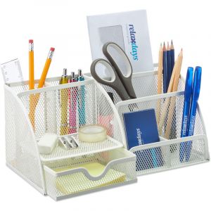 Image de Relaxdays Organiseur de bureau, Organisateur de table avec porte-stylos et tiroir, métal, maille, 13 x 28 x 14 cm, blanc