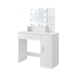 Coiffeuse Table de Maquillage Blanc 90x38x137 cm avec Miroir Lumineaux, Guirlande Lumineuse Éclairage led, 1 Tiroir, 3 Compartiments et Armoire de