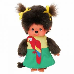 Sekiguchi 220496 - Original Monchhichi Fillette avec Robe Perroquet, Animal en Peluche Brun d'environ 20 cm