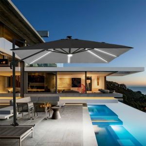 Parasol noir avec mât décentralisé bras réglable avec l ière solaire Led 3x3m Paradise Noir Light