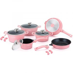 Royalty Line Ensemble d'ustensiles de cuisine en aluminium moulé sous pression, 14 pièces, revêtement en marbre, couleur ROSE