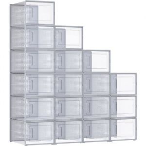 Songmics Boîtes à chaussures, Lot de 18, Rangement Chaussures, Pliable, pour pointure Jusqu'à 46, Transparent et Gris