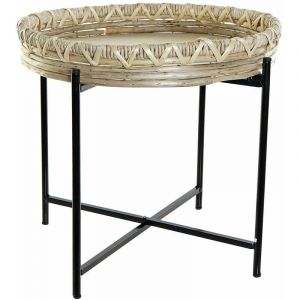 Pegane Table d'appoint en bois osier et metal coloris naturel / noir - diametre 42,5 x hauteur 38 cm -