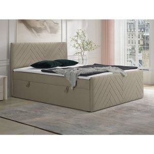 Ensemble complet literie d&eacute;co t&ecirc;te de lit + sommiers coffre + matelas + surmatelas - 180 x 200 cm - Velours - Taupe - MAKANA de YSM&Eacute;E