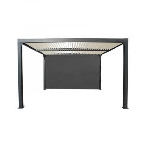 Pergola bioclimatique Habrita PER36R30BIW lames orientables en alu &eacute;cru 10,80m2 ouverture manuelle avec rideau manuel coloris gris p
