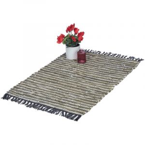 Relaxdays Tapis à Franges, 60x100 cm, Coton et Cuir, tissé Main, antidérapant, natte, Chambre, Couloir, Vert Kaki