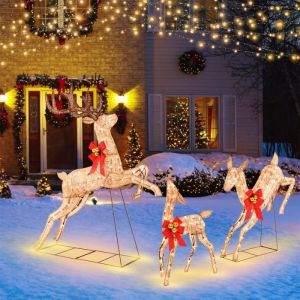COSTWAY Renne de Noël 3pcs avec 255 Lumières LED Blanches Chaudes Tissu Parsemé de Paillettes Décoration de Noël Intérieur Extérieur