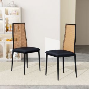 Lot de 2 chaises de salle &agrave; manger, chaise de salle &agrave; manger en rotin, chaise de salle &agrave; manger vintage, en rotin et tissu carr&eacute; beige, pieds en