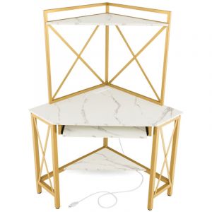 Bureau d'angle avec clapier bureau peu encombrant &eacute;tag&egrave;res plateau pour clavier table avec huche 113 x 75 x 145 cm cadre en m&eacute;tal blanc