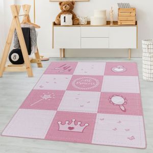 Carpetsale24 Tapis enfant motif à carreaux de petite princesse coloris rose 140x200 cm tapis chambre enfant tapis chambre bébé