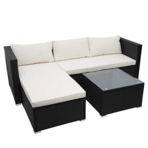 Salon de jardin - Polyrotin noir - Coussin crème