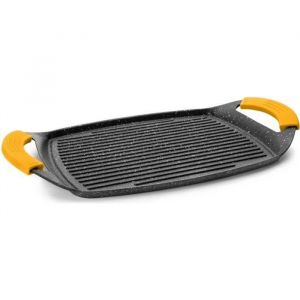 Image de Ibili GRILL PLANCHA 47x29 CM BASIC STONE EN FONTE D ALU 5 MM. ANTI-ADHESIF FACON PIERRE AVEC RAINURES ANSES SILICONE AMOVIBLES. FOND DI...